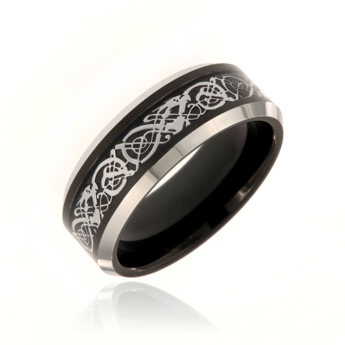 8mm wide tungsten ring with Celtic earth design and beveled edges