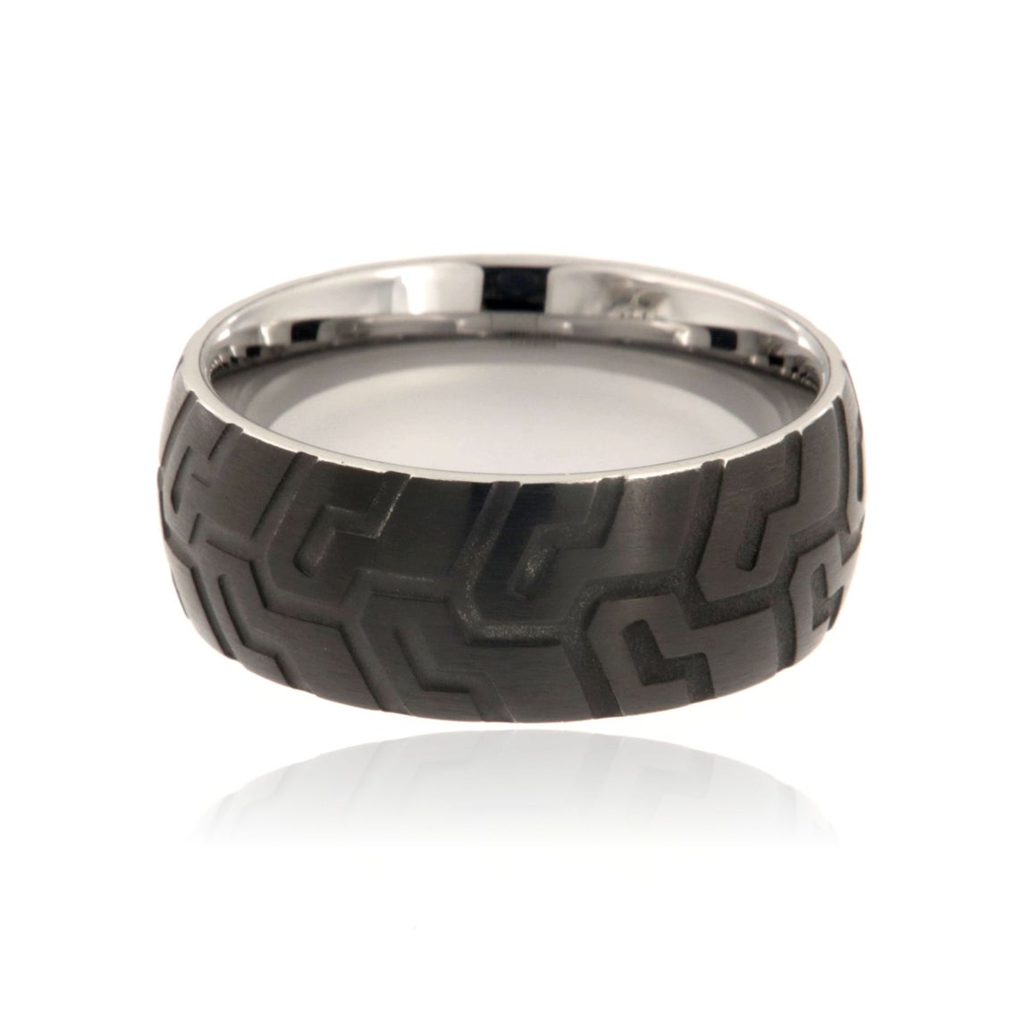 9mm wide tungsten ring with black tire tread design