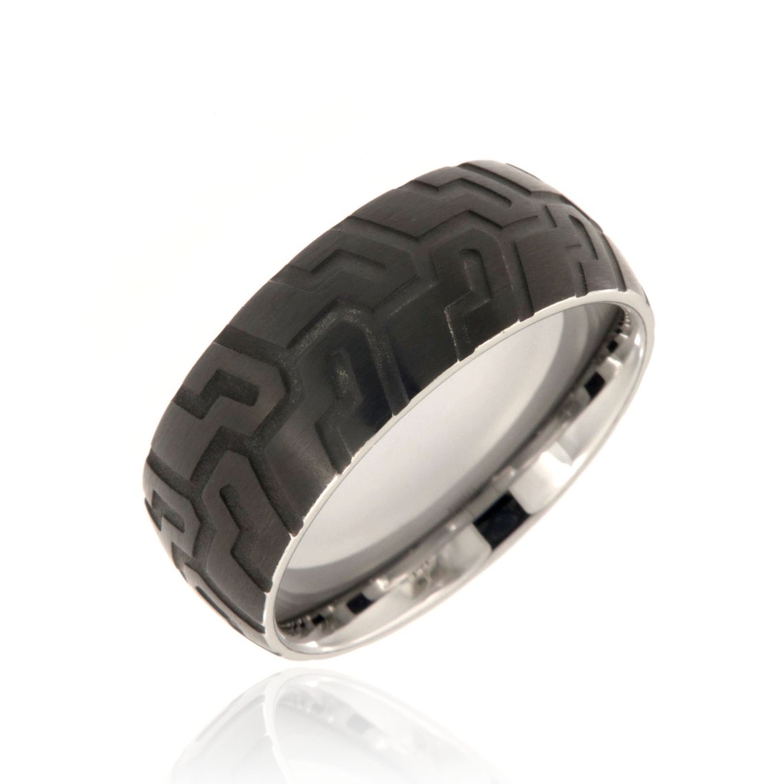 9mm wide tungsten ring with black tire tread design