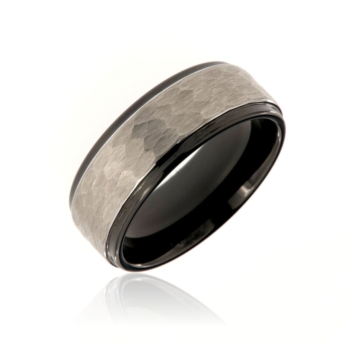 8mm wide tungsten ring with a silver-like hammered center and grooved edges