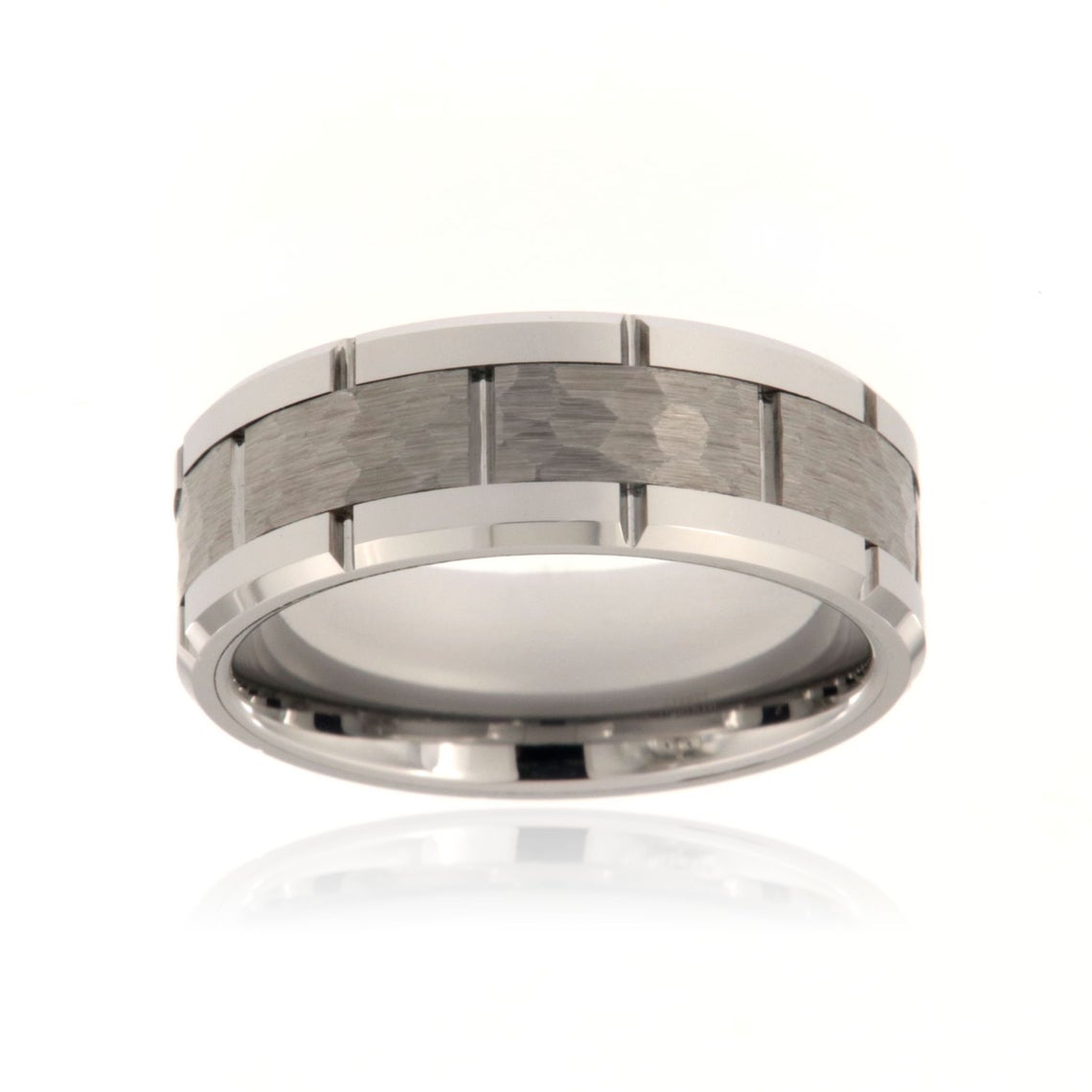 8mm wide tungsten ring with a brick-like design, a hammered finish, and beveled edges
