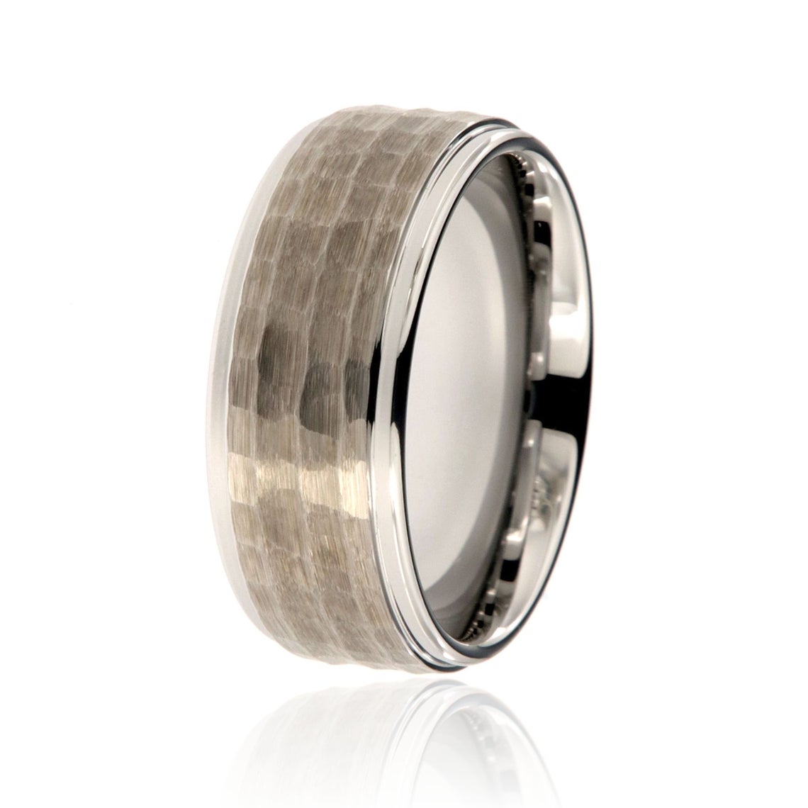9mm wide tungsten ring with hammered center and polished edges