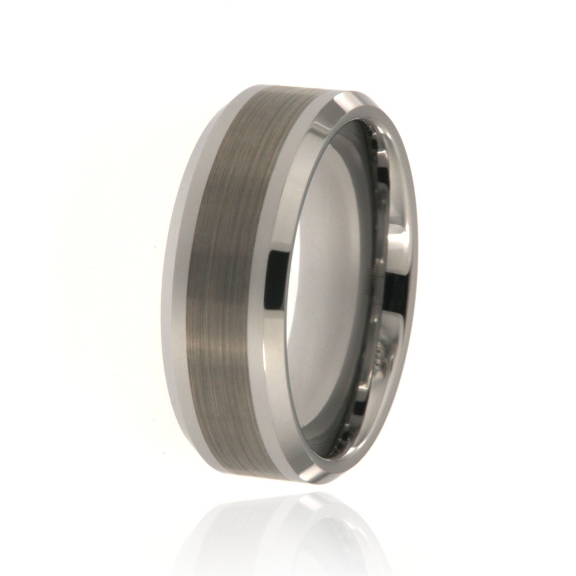8mm wide tungsten ring with a brushed finish center and beveled edges