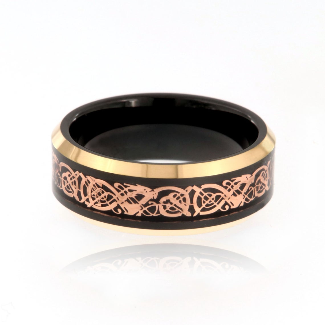 8mm wide tungsten ring with Celtic earth design with black and rose gold finishes