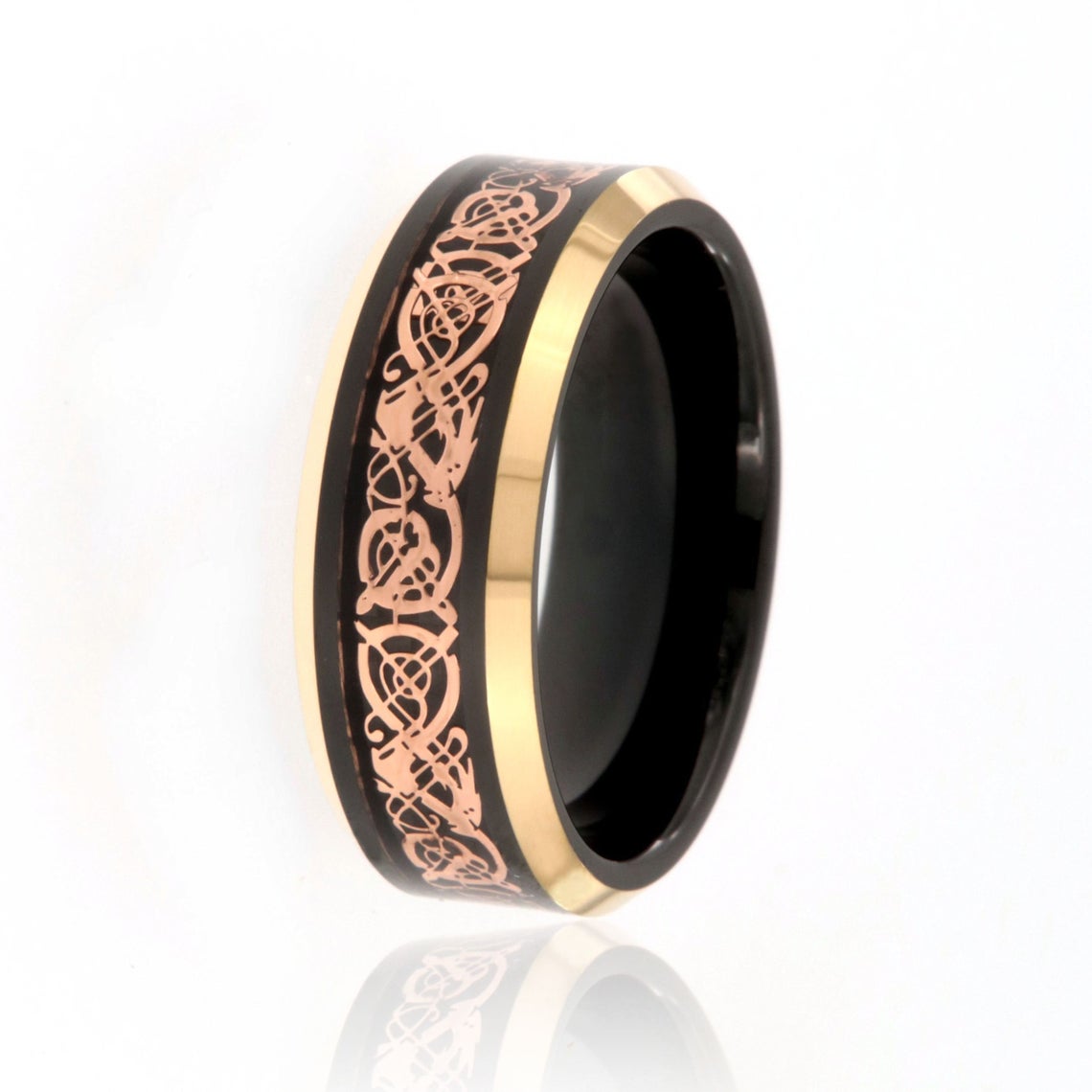 8mm wide tungsten ring with Celtic earth design with black and rose gold finishes