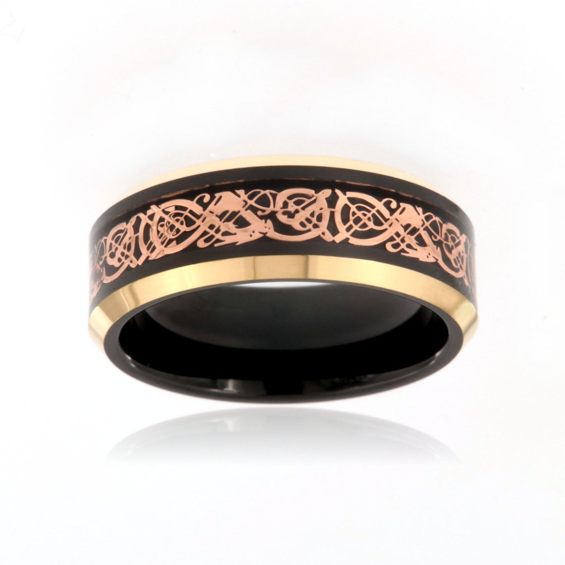 8mm wide tungsten ring with Celtic earth design with black and rose gold finishes