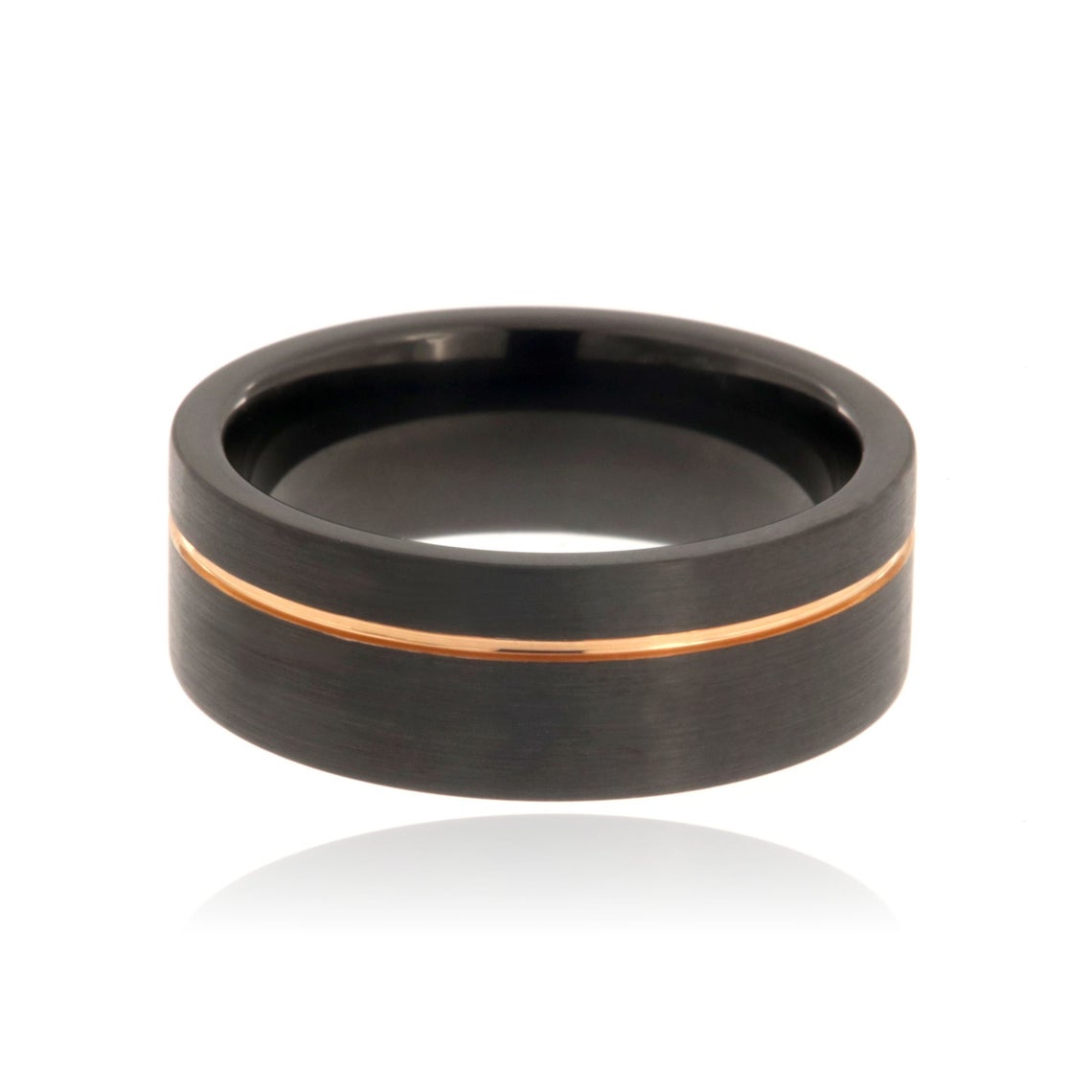 8mm wide tungsten ring with a thin rose gold groove