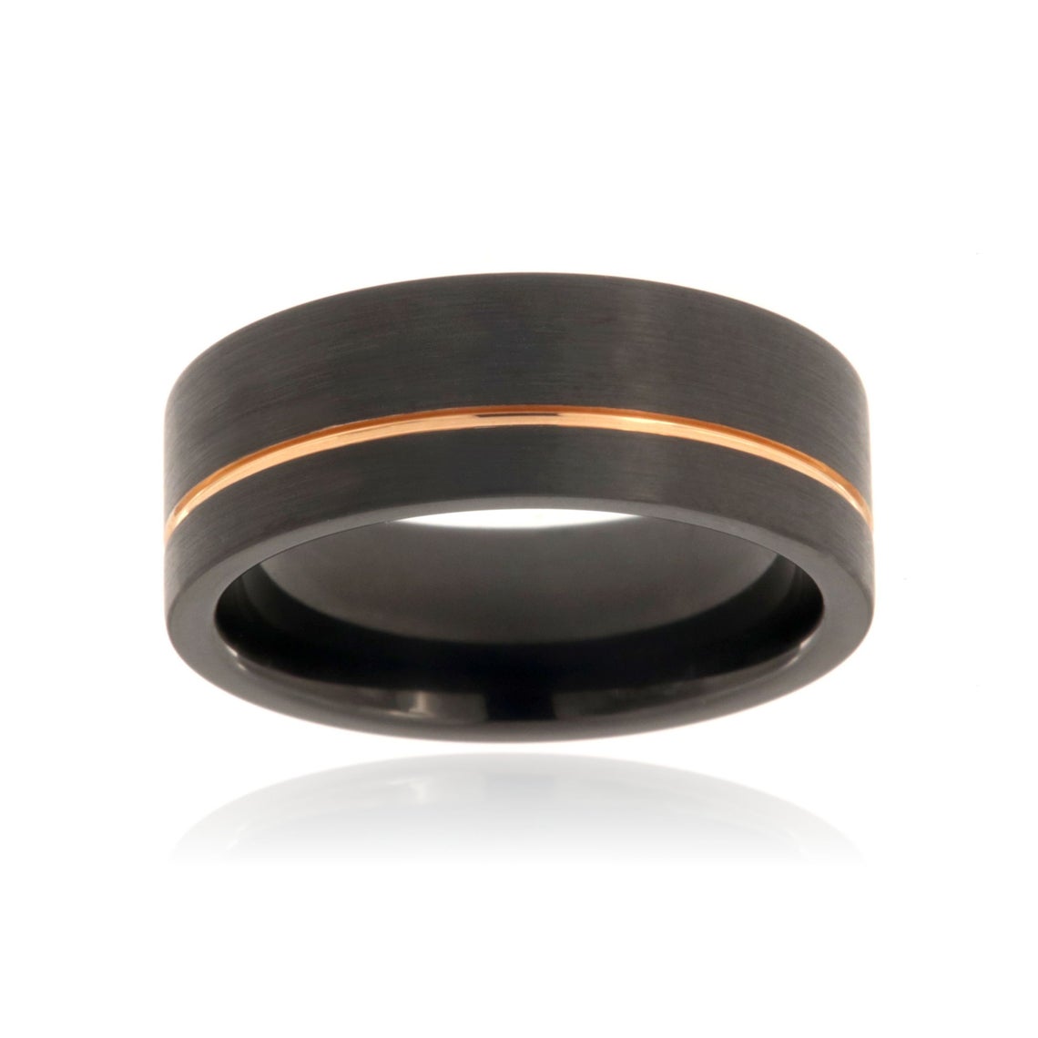 8mm wide tungsten ring with a thin rose gold groove