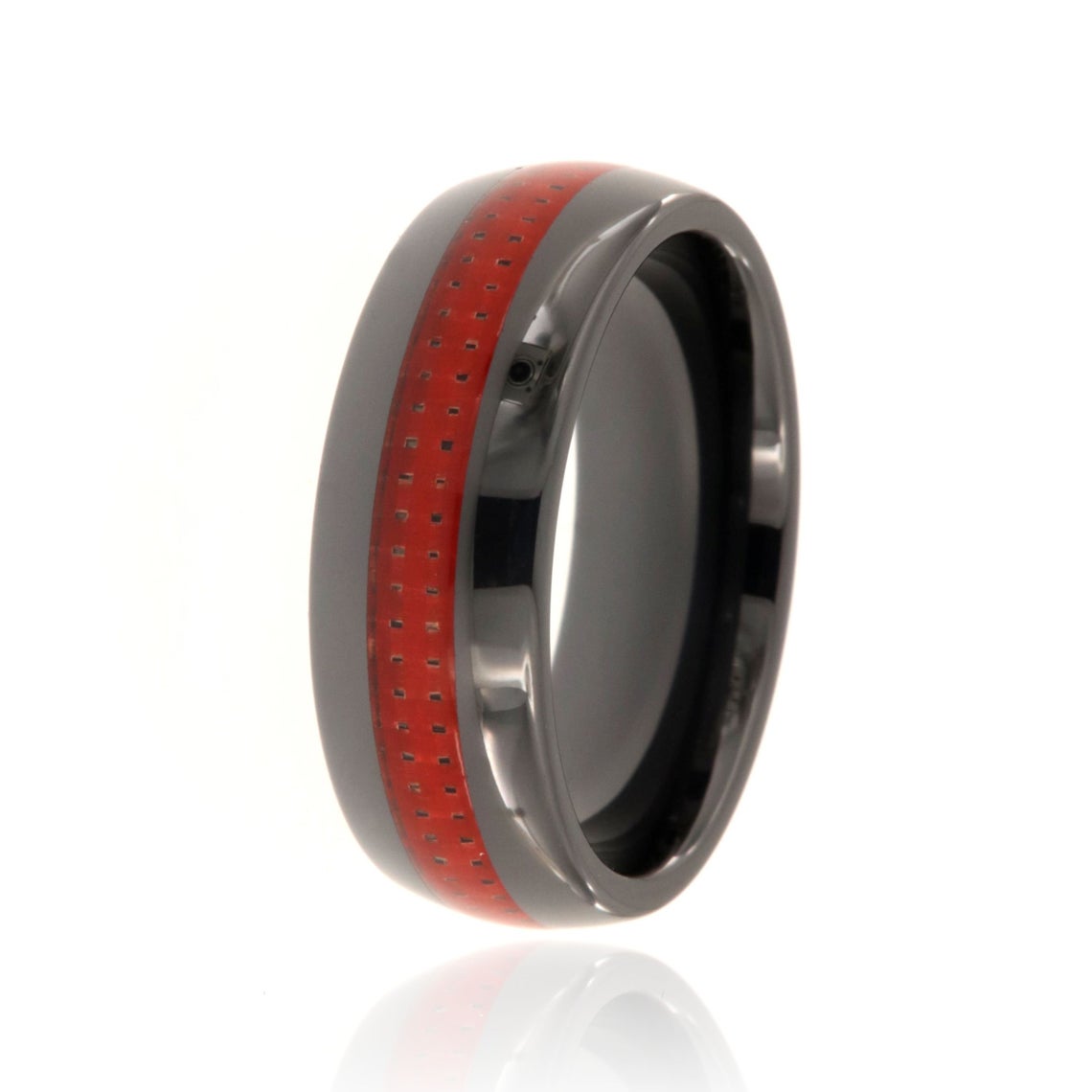 8mm wide black tungsten ring with red carbon fiber inlay