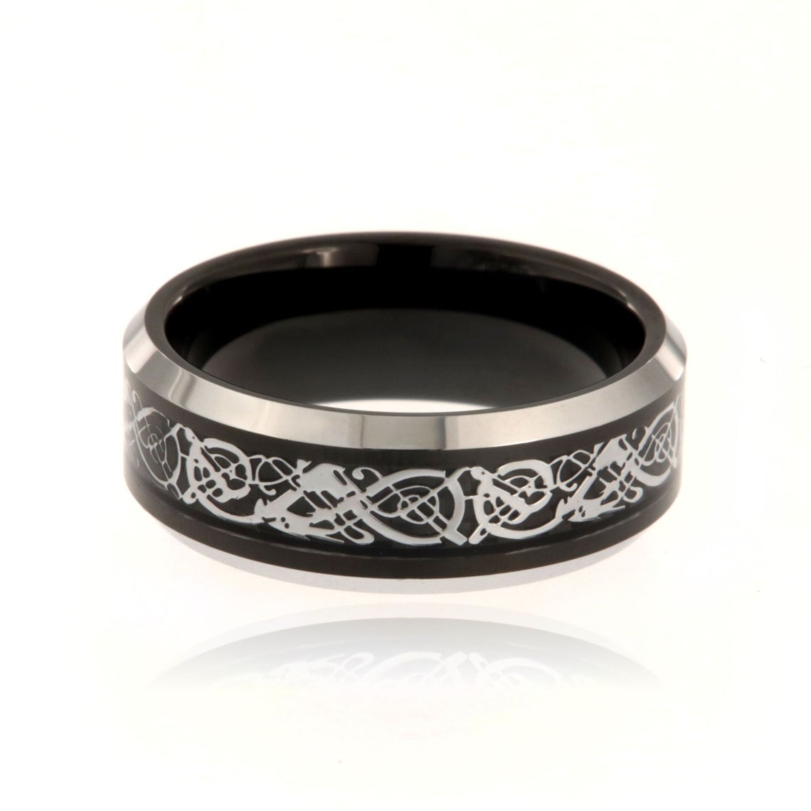 8mm wide tungsten ring with Celtic earth design and beveled edges