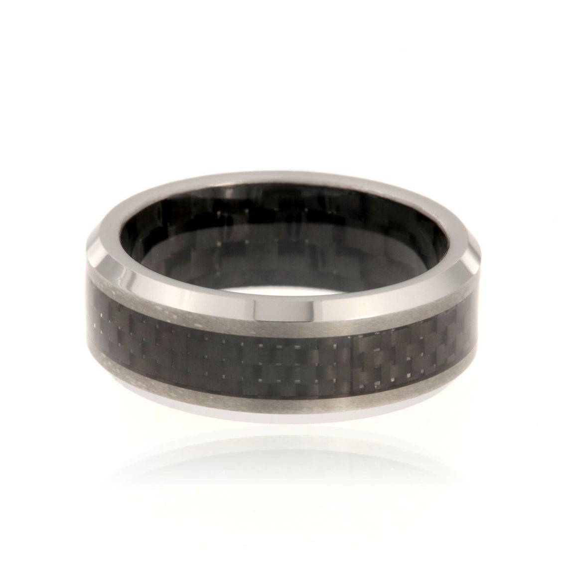 8mm wide tungsten ring with a black carbon fiber inlay and beveled edges