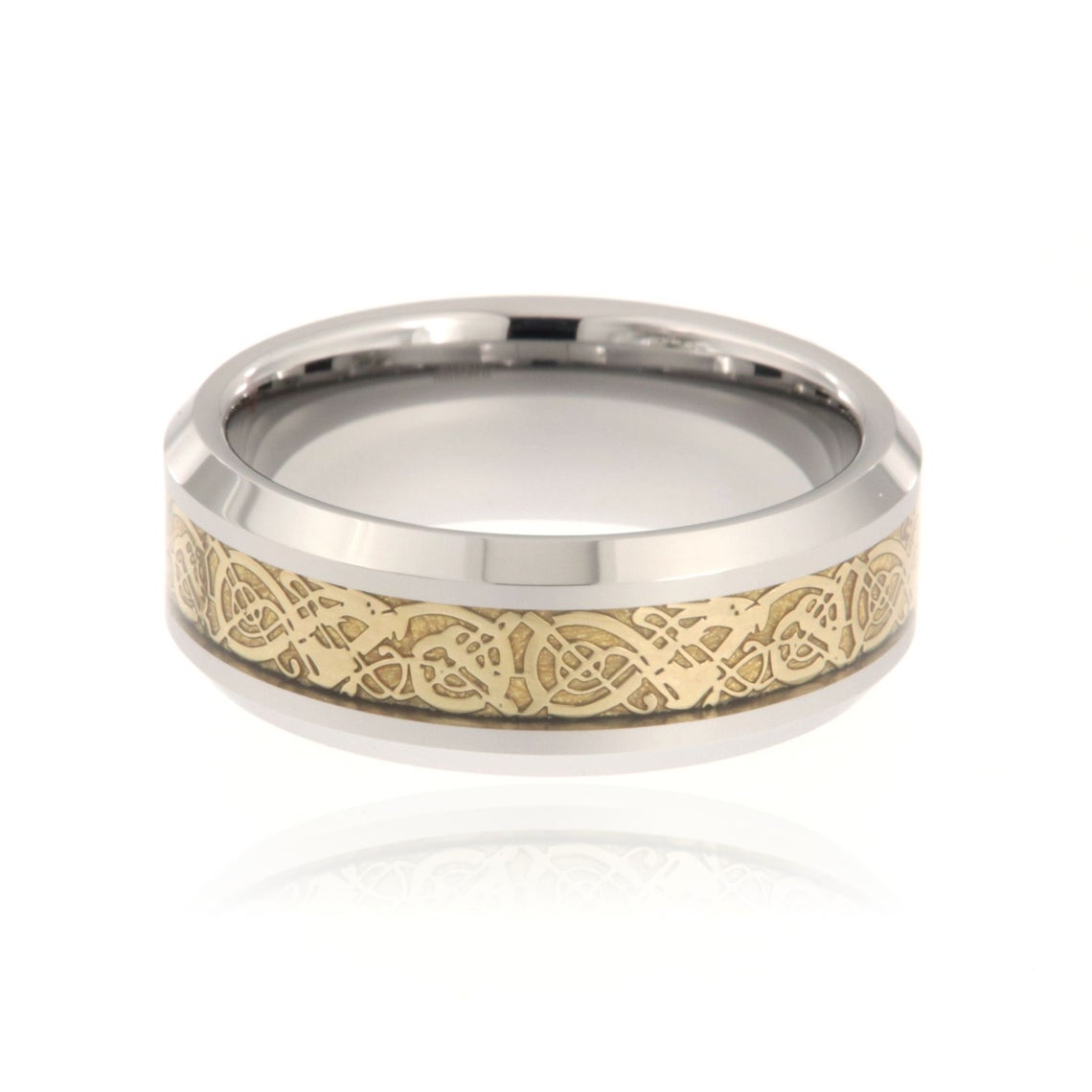 8mm wide tungsten ring with a gold Celtic center inlay