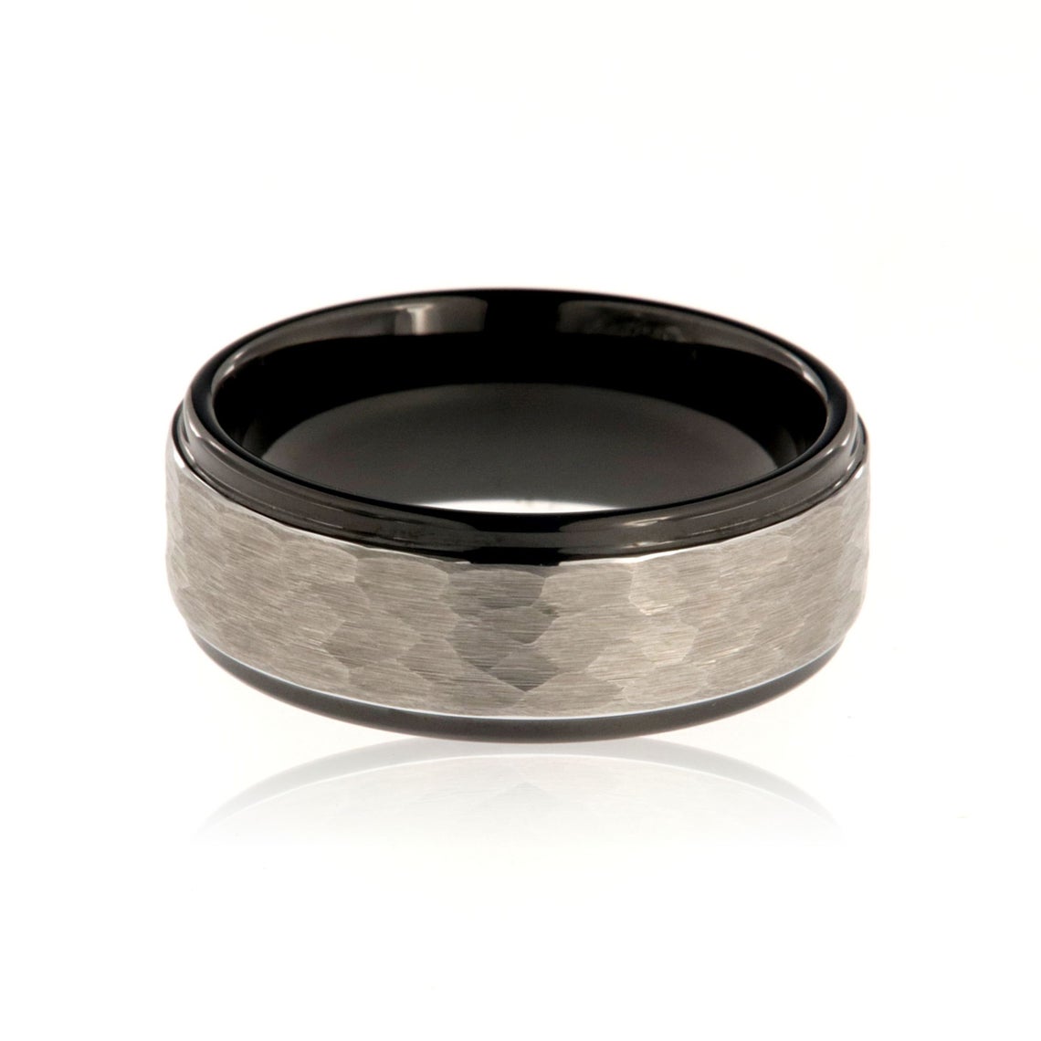 8mm wide tungsten ring with a silver-like hammered center and grooved edges