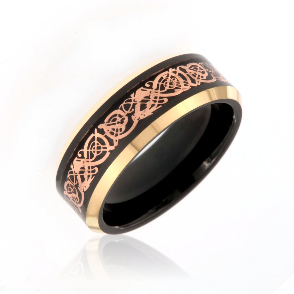 8mm wide tungsten ring with Celtic earth design with black and rose gold finishes