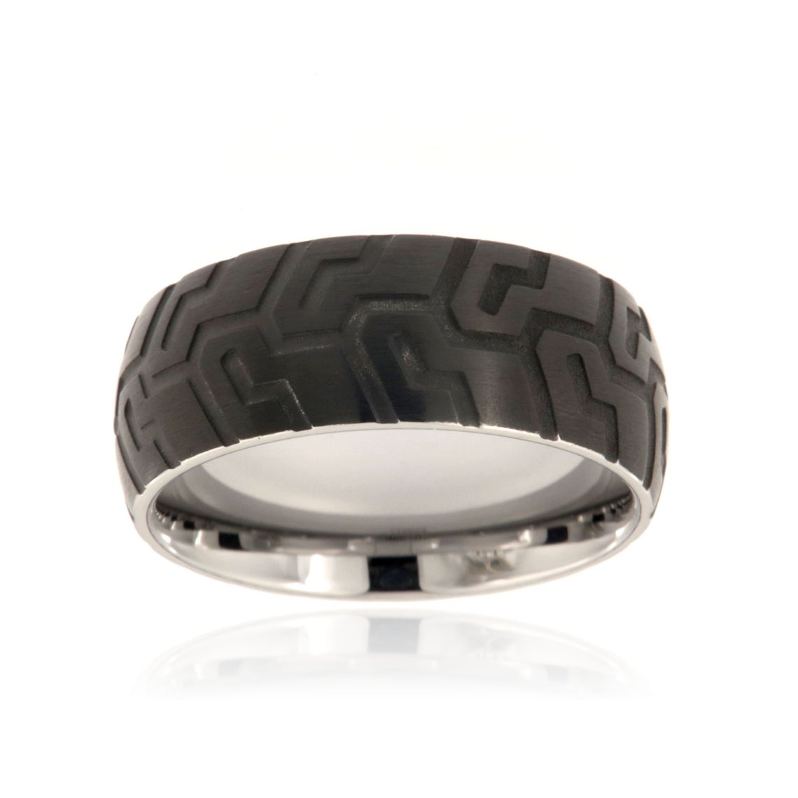 9mm wide tungsten ring with black tire tread design