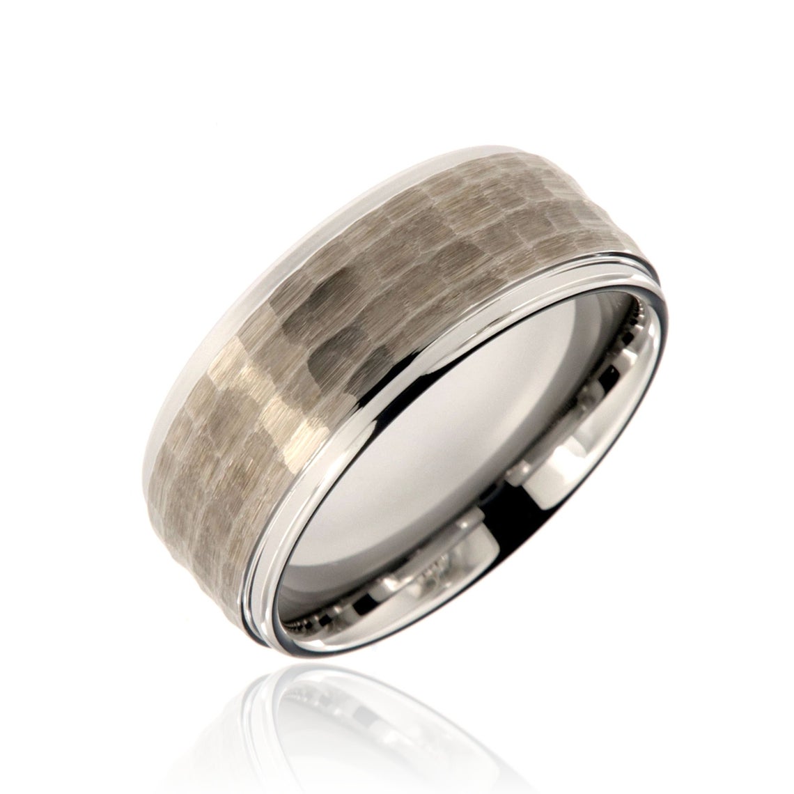 9mm wide tungsten ring with hammered center and polished edges