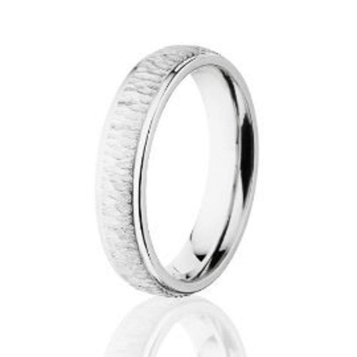 5mm wide cobalt wedding ring with a tree bark finish