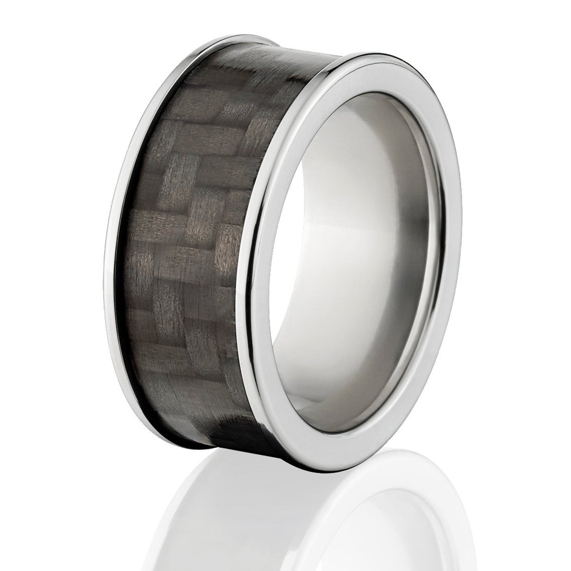 9mm wide black carbon fiber wedding band with titanium edges and a flat profile