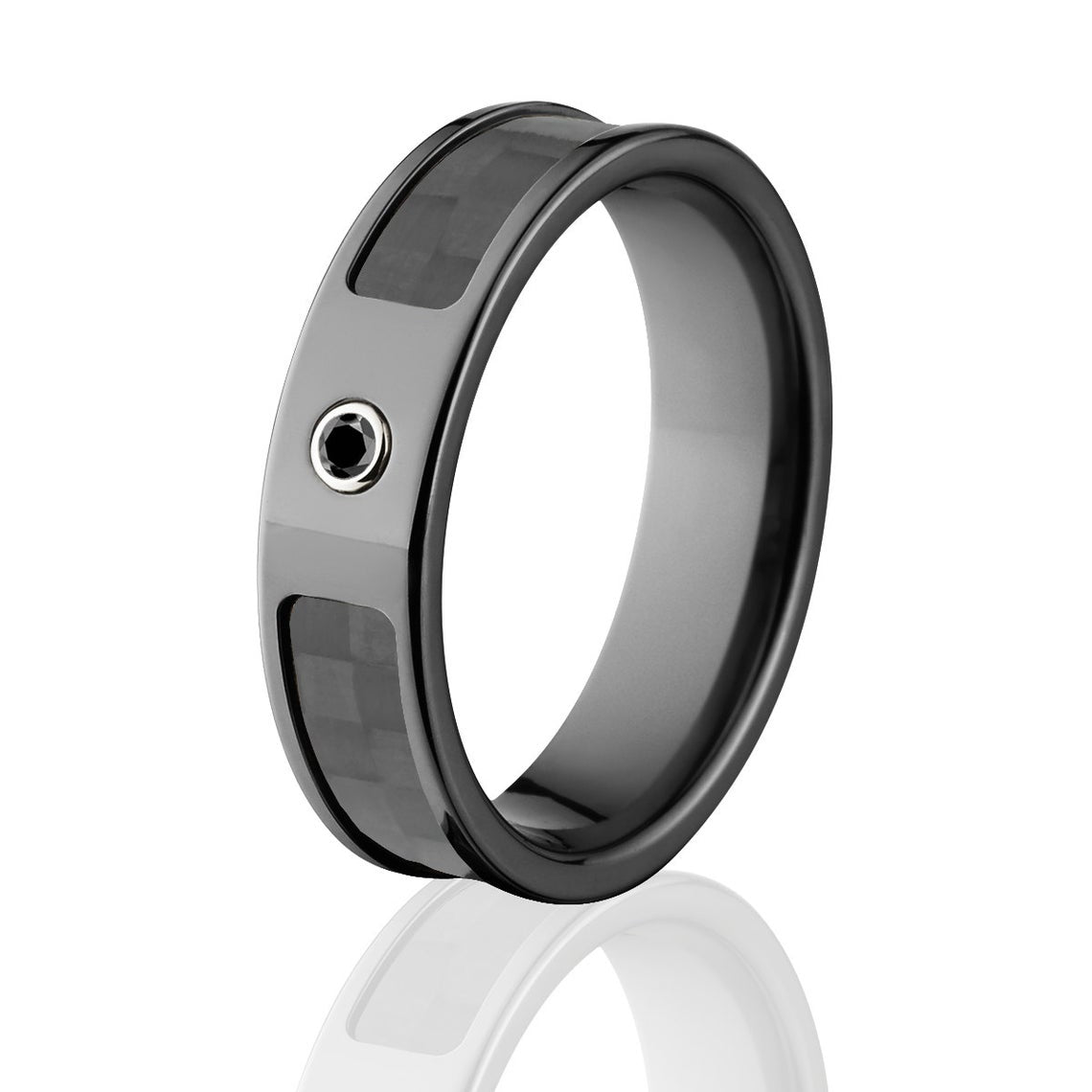 6mm wide black carbon fiber and black zirconium with a bezel set black diamond