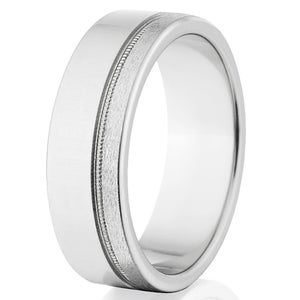 8mm wide cobalt wedding band with an off-center grooved and flat profile