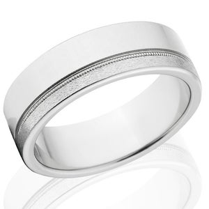 8mm wide cobalt wedding band with an off-center grooved and flat profile