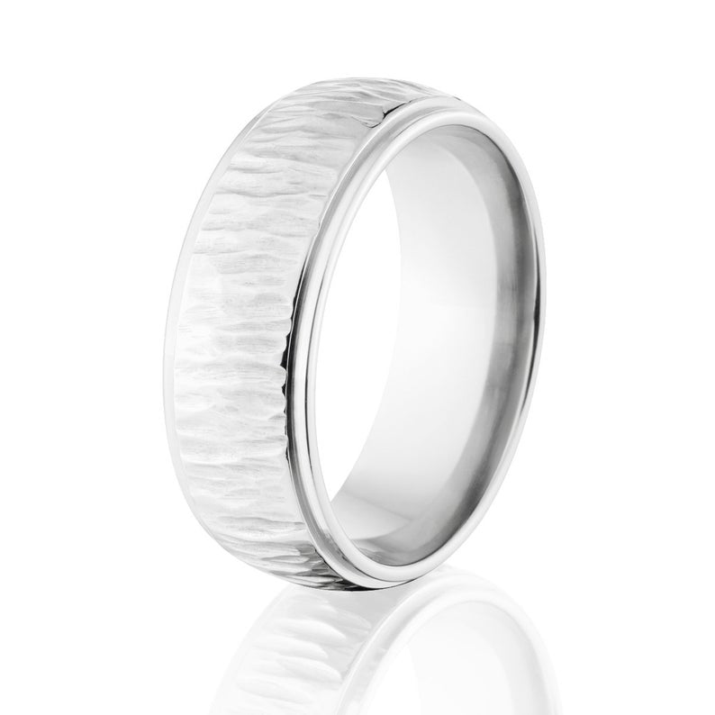 8mm wide titanium wedding band with a tree bark finish
