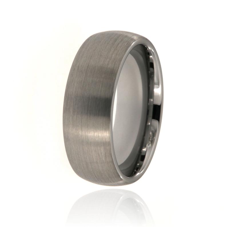 8mm wide tungsten ring with a brushed finish and rounded profile
