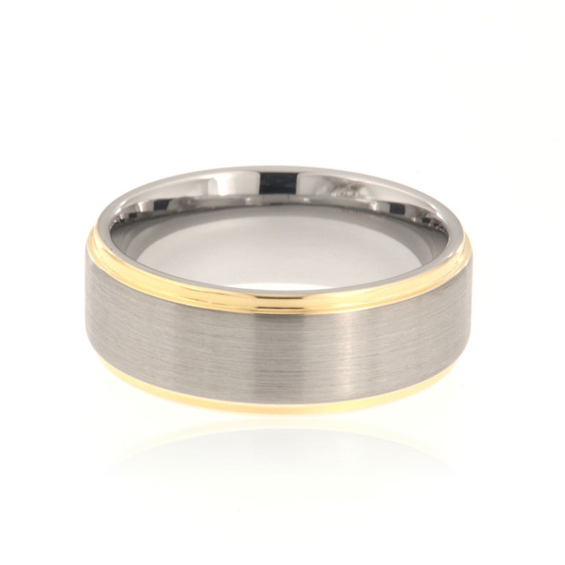 8mm wide tungsten ring with dual gold edges