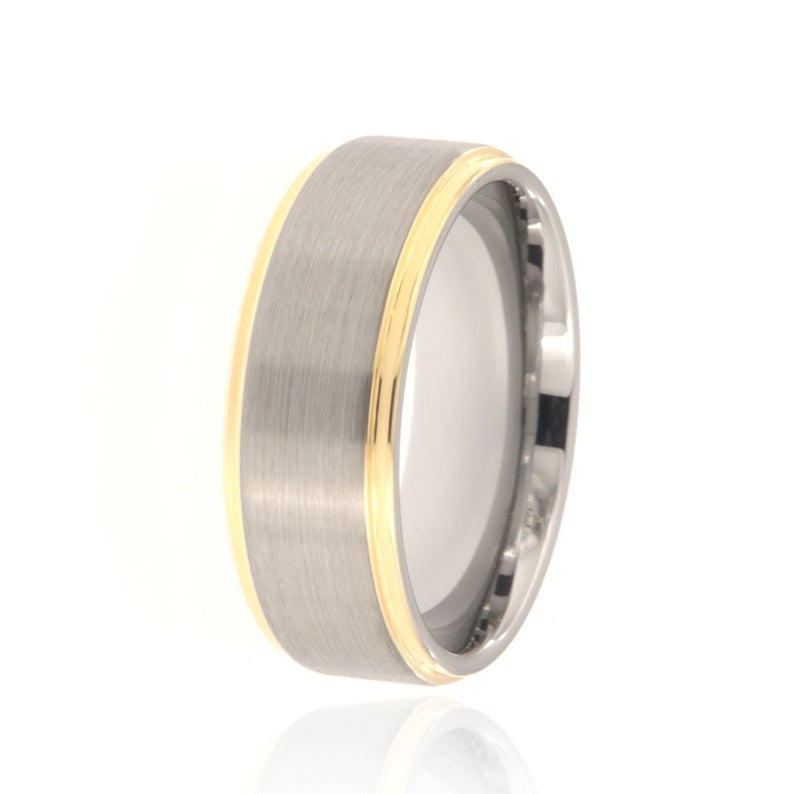 8mm wide tungsten ring with dual gold edges