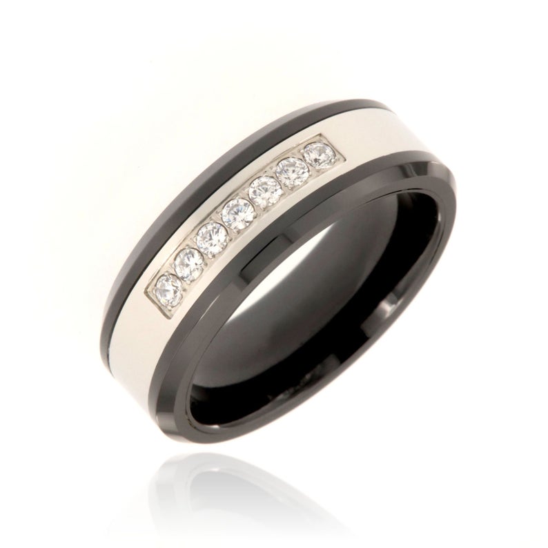 8mm wide black tungsten ring with a silver-like inlay with 7 cubic zirconia stones