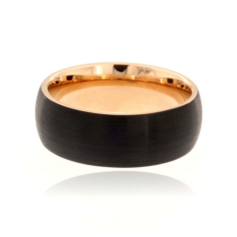 8mm wide tungsten ring with a rose gold sleeve and black outside
