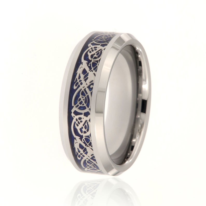 8mm wide tungsten ring with a blue inlay and Celtic earth design