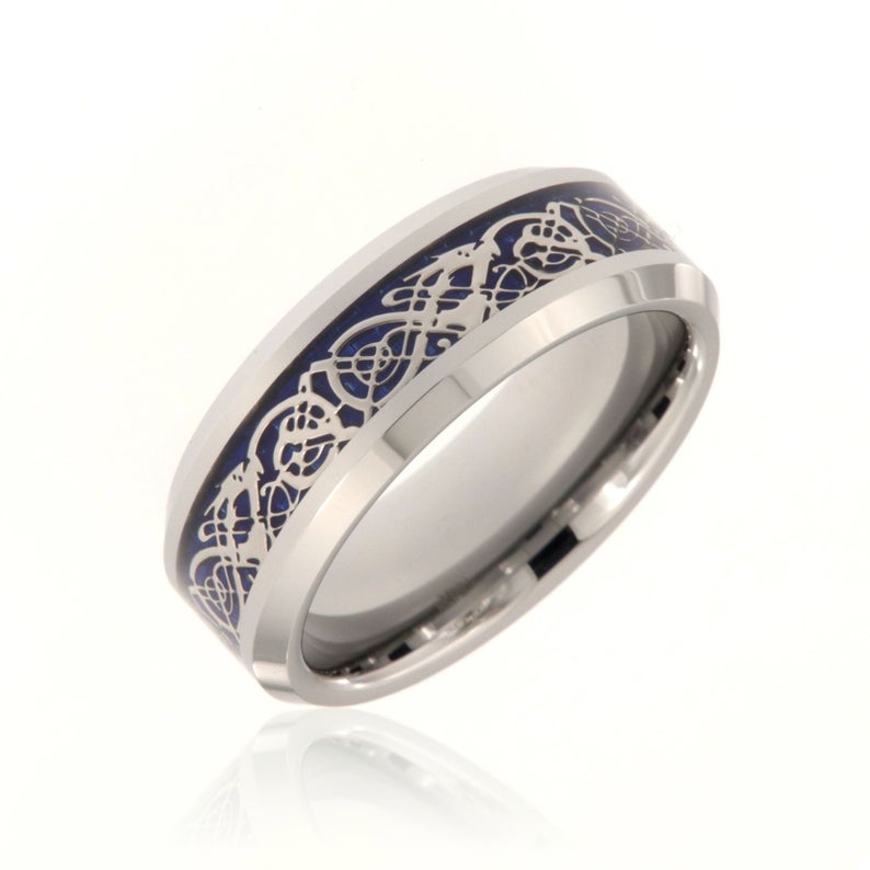 8mm wide tungsten ring with a blue inlay and Celtic earth design
