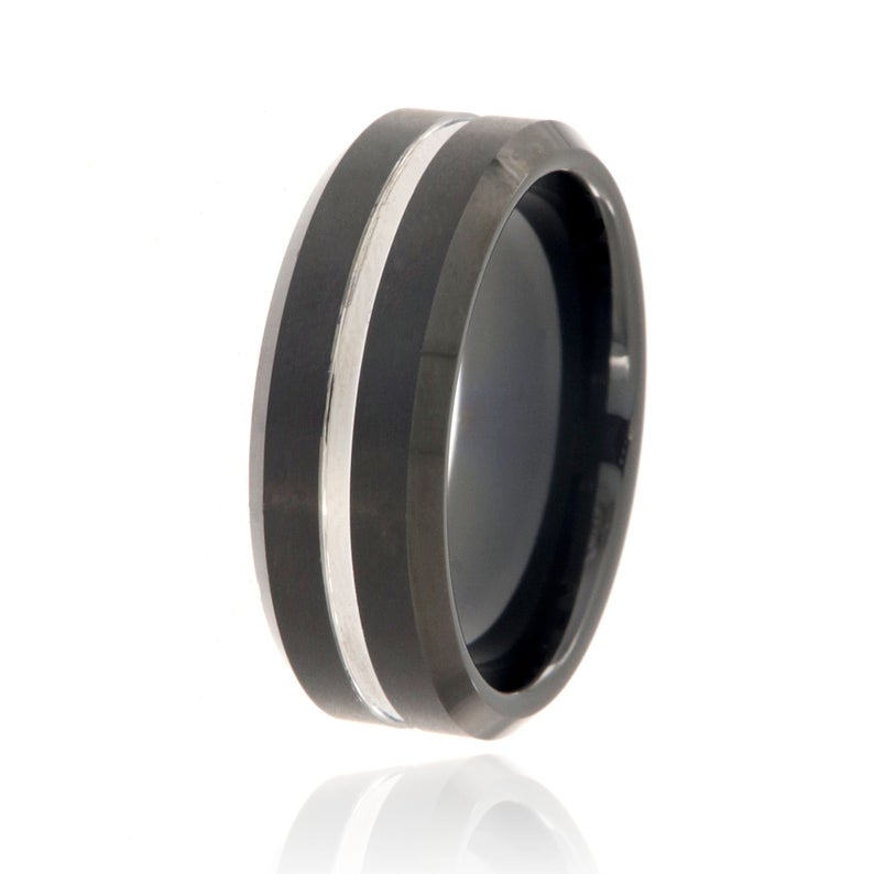 8mm wide black tungsten ring with a center silver inlay and beveled edges