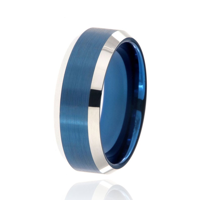 8mm wide tungsten ring with blue center and sleeve with beveled edges
