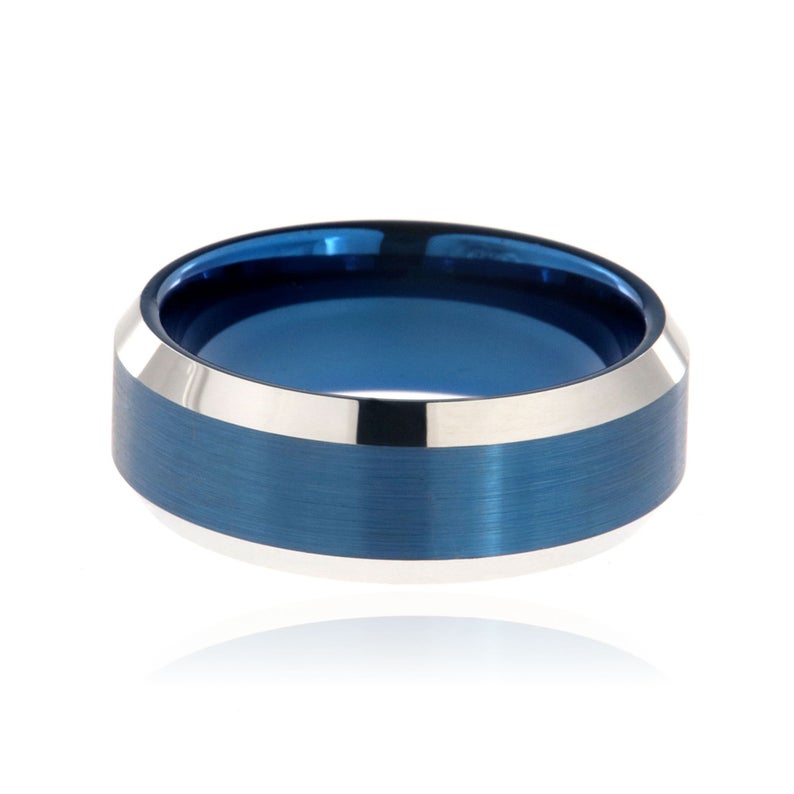 8mm wide tungsten ring with blue center and sleeve with beveled edges