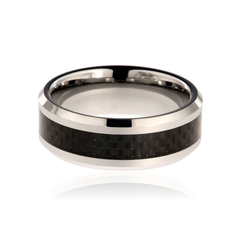 8mm wide tungsten ring with black carbon fiber inlay with beveled edges