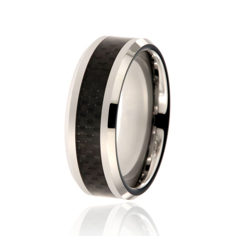 8mm wide tungsten ring with black carbon fiber inlay with beveled edges