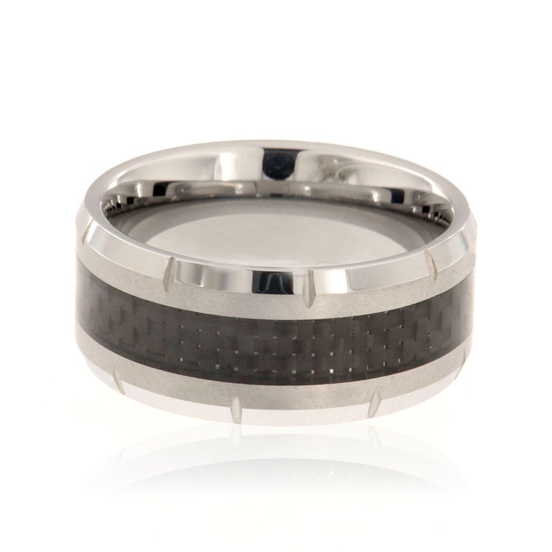 10mm wide tungsten ring with black carbon fiber inlay, small vertical grooves on beveled edges