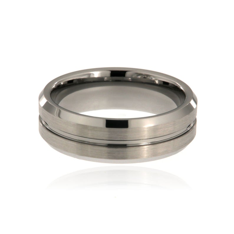 8mm wide tungsten ring with a 1mm center groove, high polish finish, and beveled edges