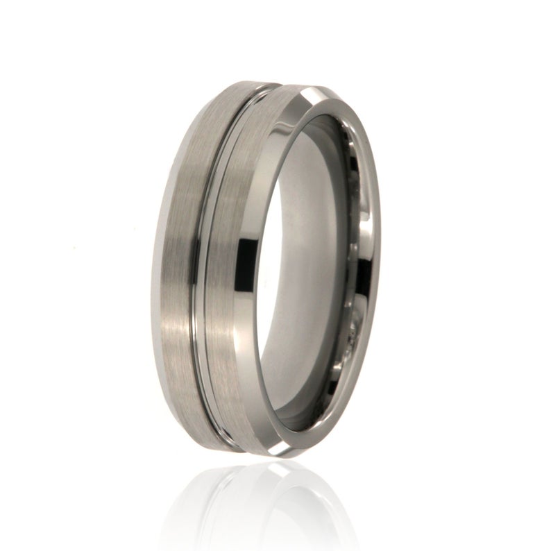 8mm wide tungsten ring with a 1mm center groove, high polish finish, and beveled edges