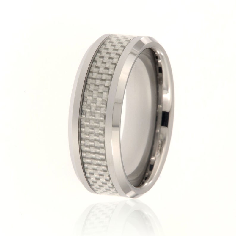 8mm wide tungsten ring with white carbon fiber inlay