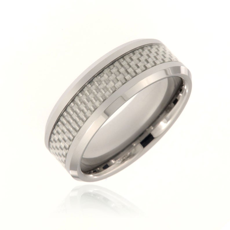 8mm wide tungsten ring with white carbon fiber inlay
