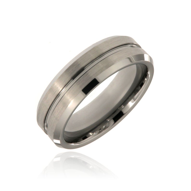 8mm wide tungsten ring with a 1mm center groove, high polish finish, and beveled edges