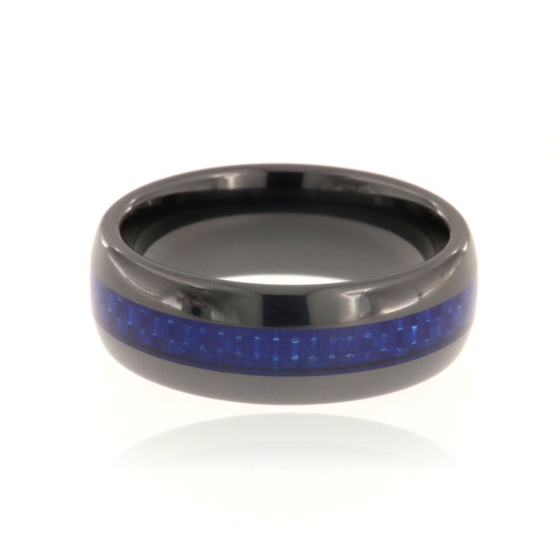 8mm wide black tungsten ring with a blue carbon fiber inlay and rounded profile