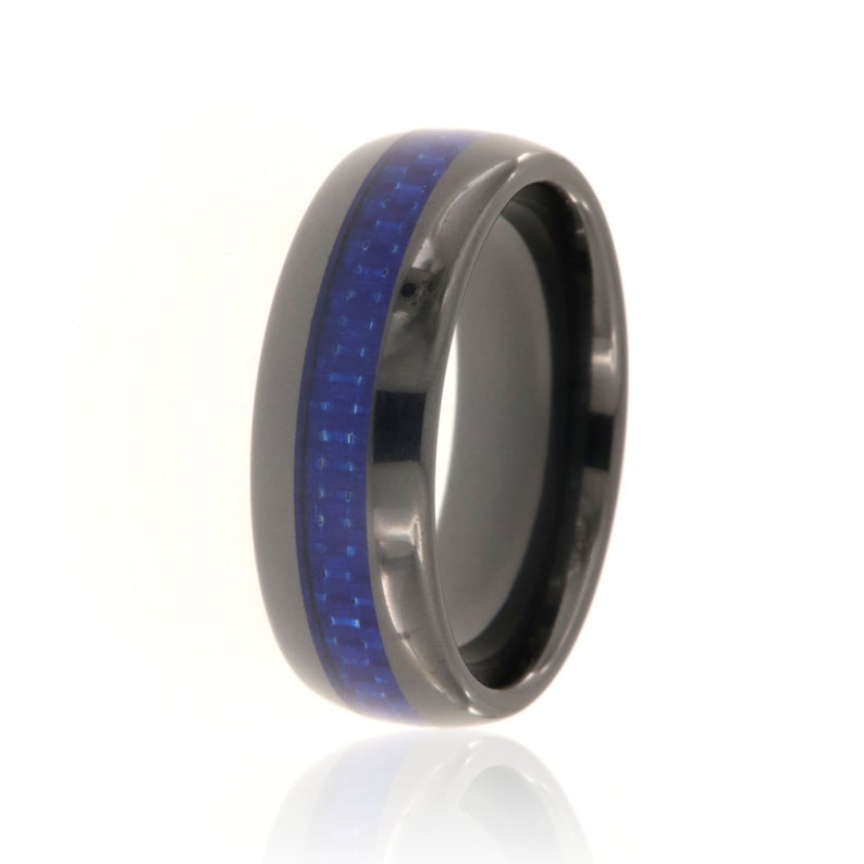 8mm wide black tungsten ring with a blue carbon fiber inlay and rounded profile