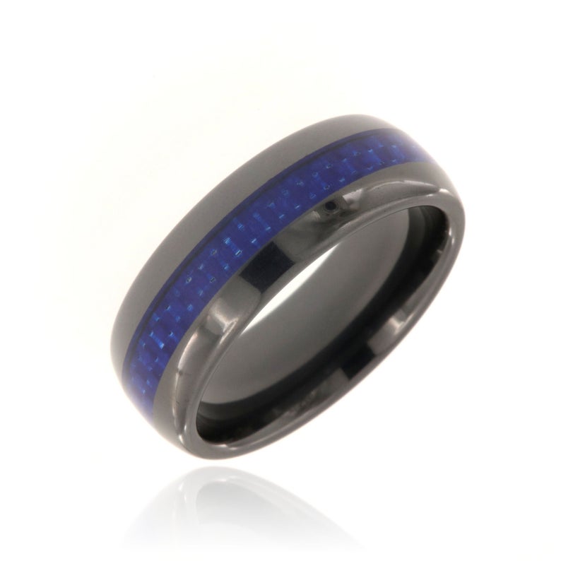 8mm wide black tungsten ring with a blue carbon fiber inlay and rounded profile
