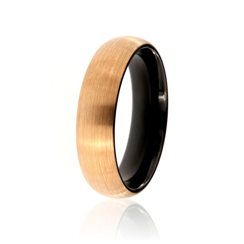 6mm wide tungsten ring with a black sleeve and rose gold finish and rounded profile