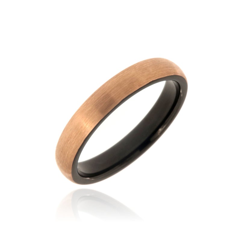 6mm wide tungsten ring with a black sleeve and rose gold finish and rounded profile