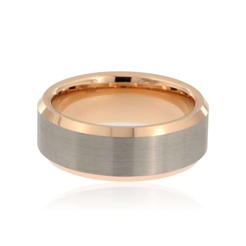 8mm wide rose gold tungsten ring with gray center and beveled edges
